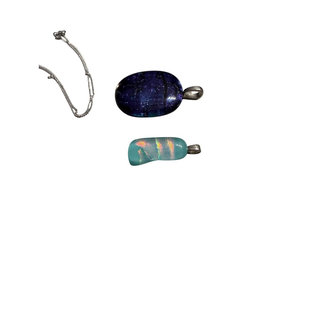 Dichroic Fused Glass Pendant Necklace Set Blue Aqua Iridescent Silver Chain - Picture 7 of 8
